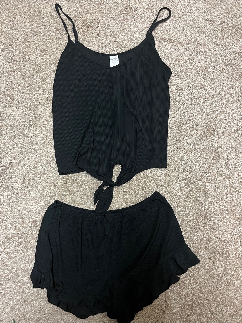 Secret Treasures Black Ribbed Tie-Front Cami & Ruffle Short Pajama Set